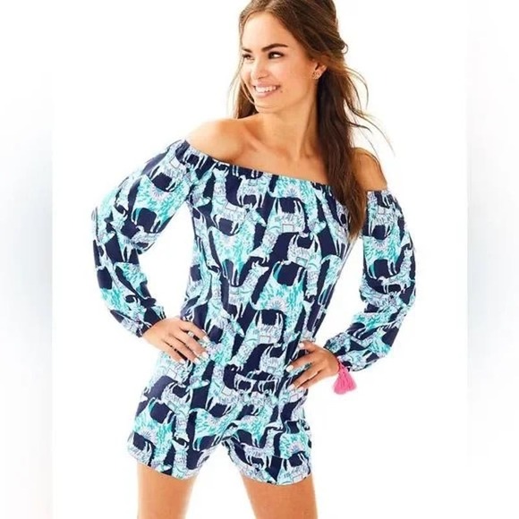 Lilly Pulitzer Pants - Lilly Pulitzer Lana Llama Romper Alpaca My Bags Shorts Off Shoulder Blue Medium